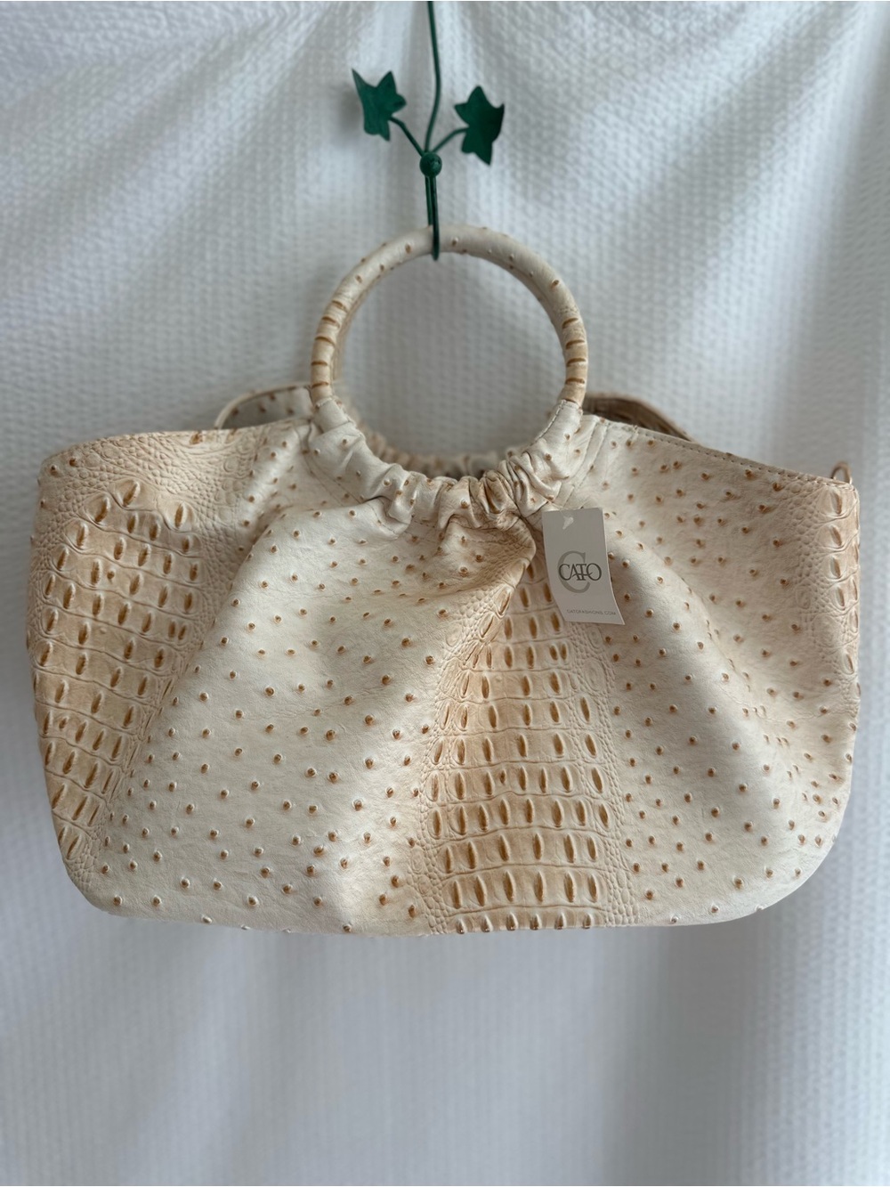 CATO Cream Ostrich Croc Embossed Large Satchel Handbag Ring Handles NWT